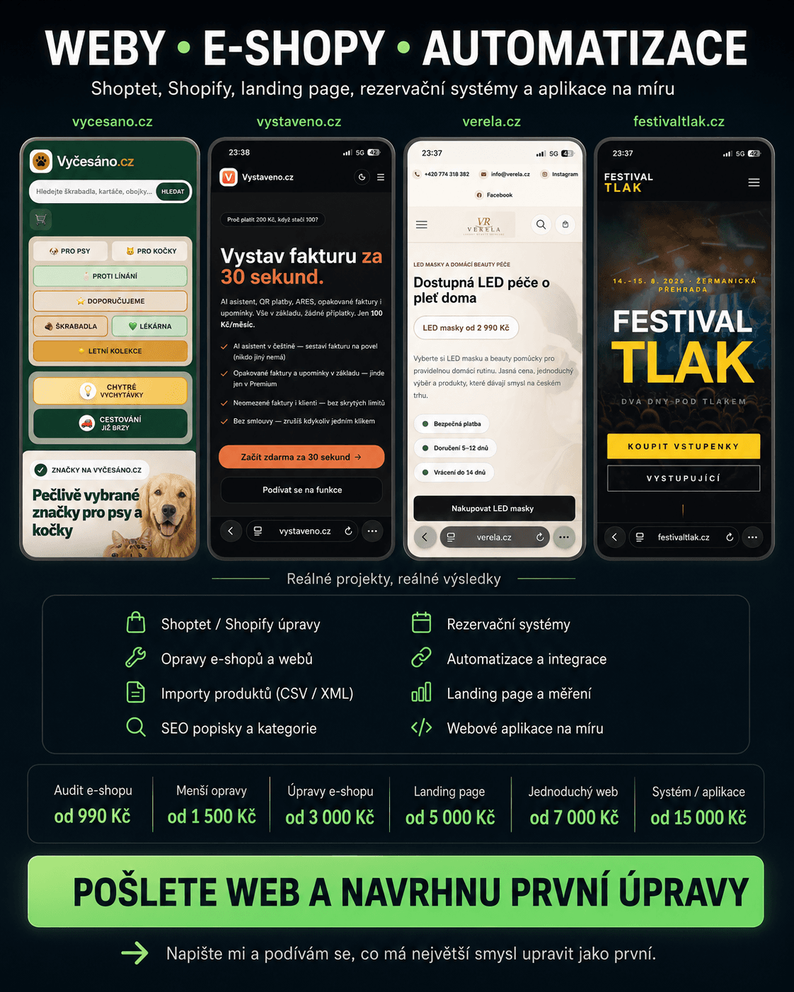 Opravy e-shopů, weby, Shopify/Shoptet, automatizace a systémy na míru